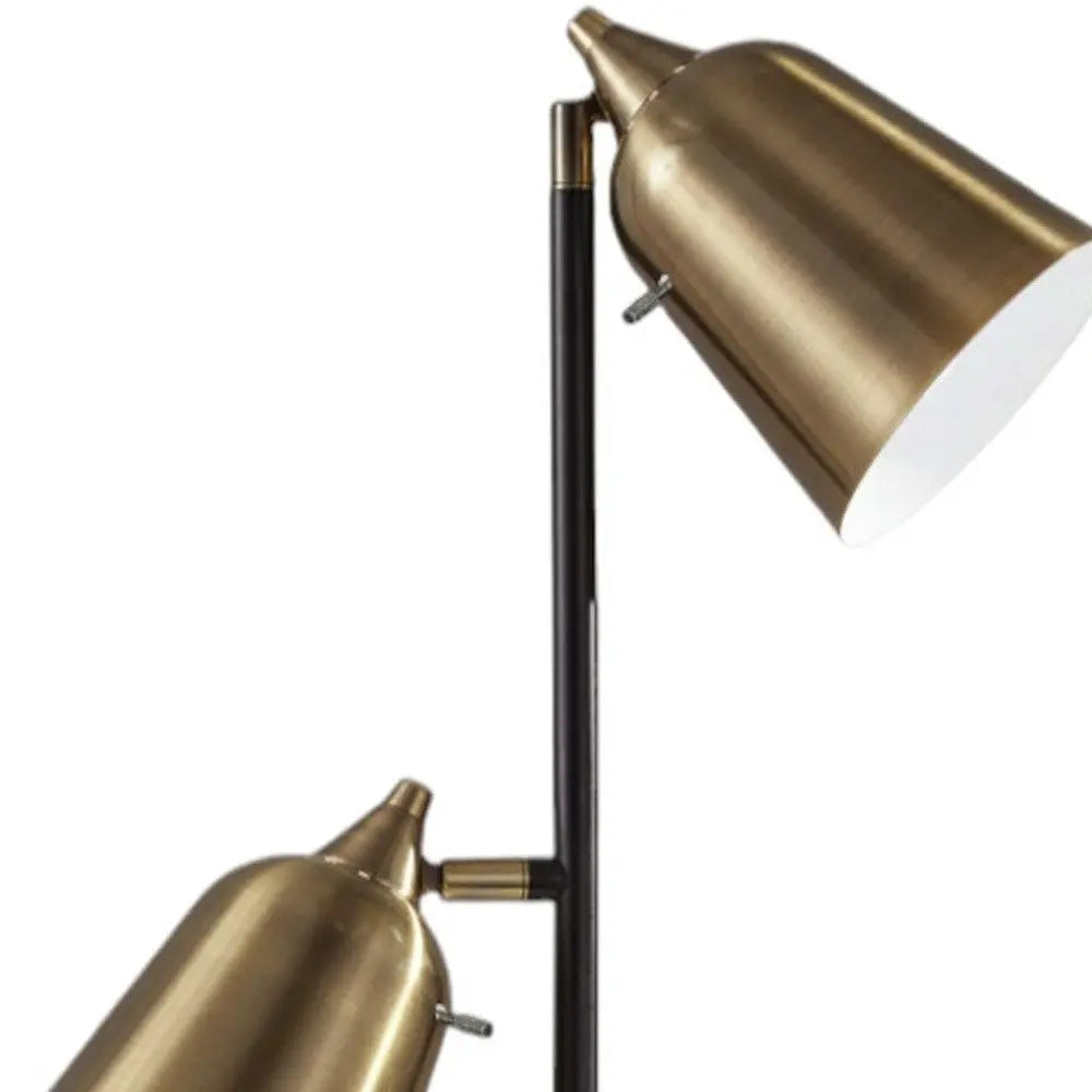 58" Black Two Light Task Floor Lamp With Antiqued Brass Metal Cone Shade HomeRoots