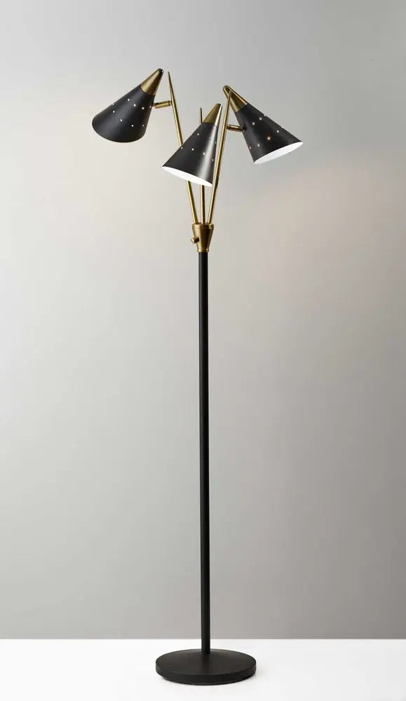 66" Black And Gold Metal Three Light Novelty Floor Lamp With Black Metal Cone Shade HomeRoots