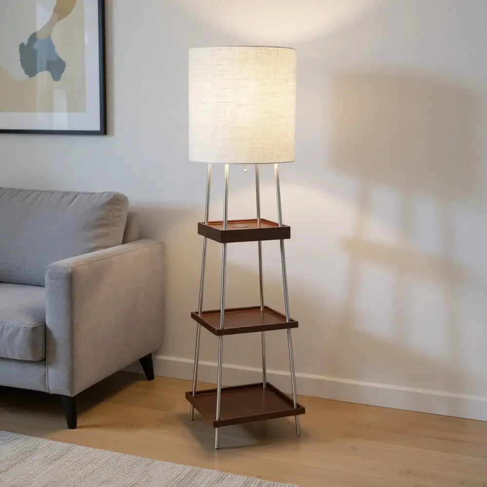 63" Brown And White Column Floor Lamp With White Fabric Drum Shade HomeRoots