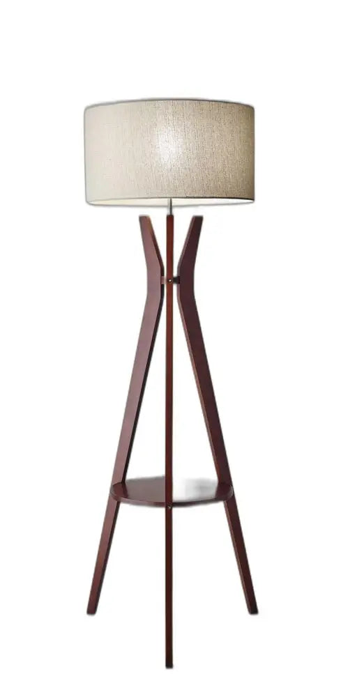 60" Brown And White Solid Wood Tripod Floor Lamp With White Fabric Drum Shade HomeRoots