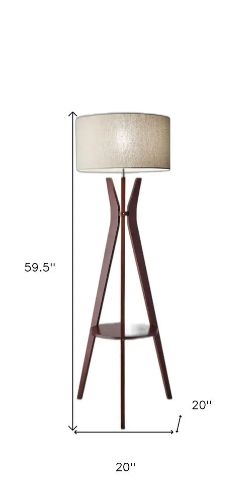 60" Brown And White Solid Wood Tripod Floor Lamp With White Fabric Drum Shade HomeRoots