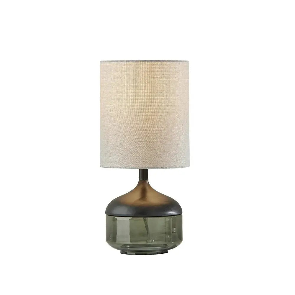 16" Black And Dark Green Wood And Smoked Glass Table Lamp With Beige Drum Shade HomeRoots