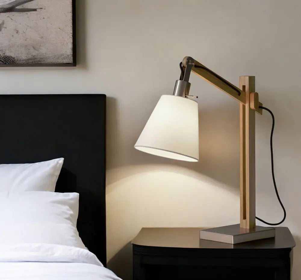 25" Natural Wood Adjustable Height Table Lamp With White Bell Shade HomeRoots