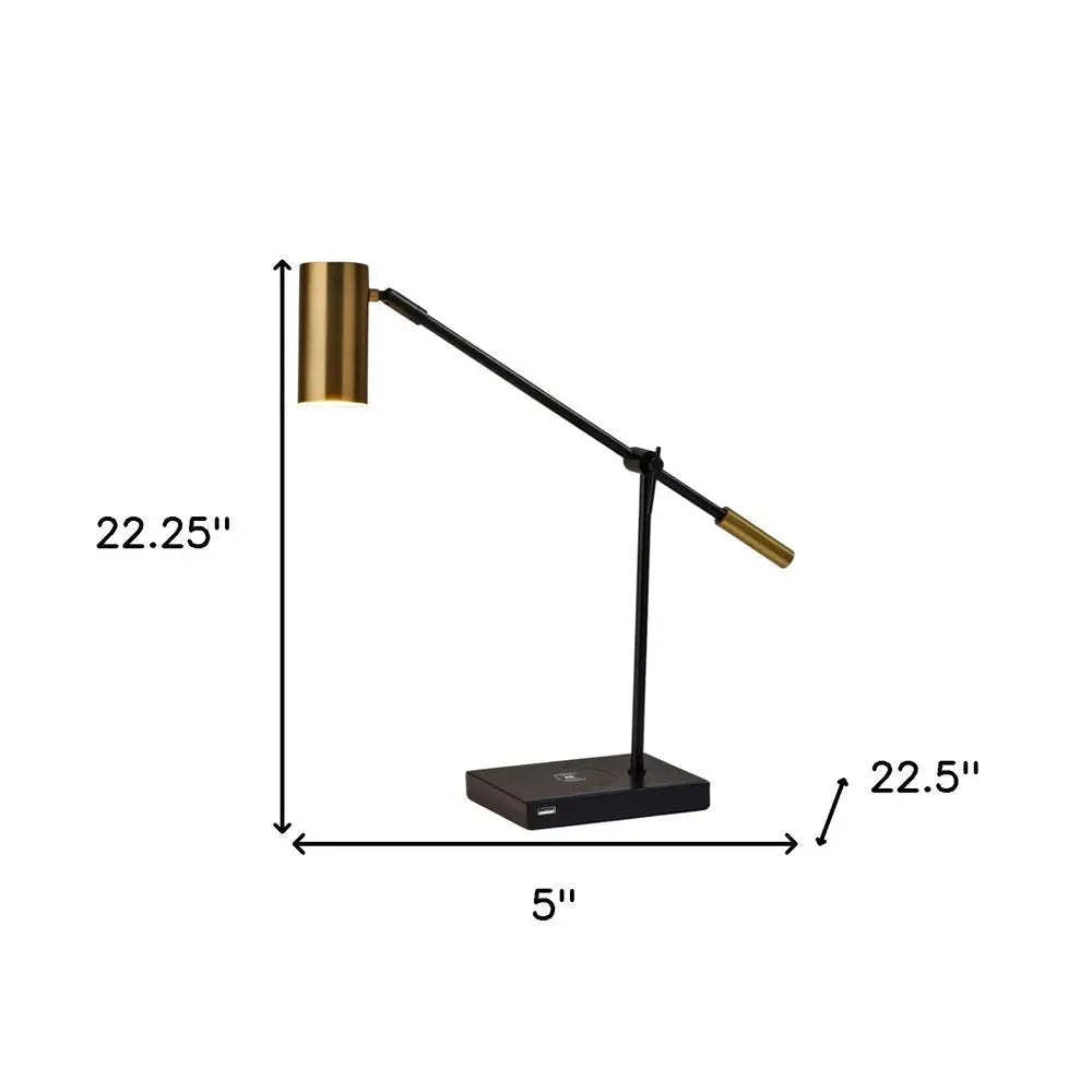 22" Black Metal Swing Arm LED Desk Lamp With USB And Antiqued Gold Cylinder Shade HomeRoots