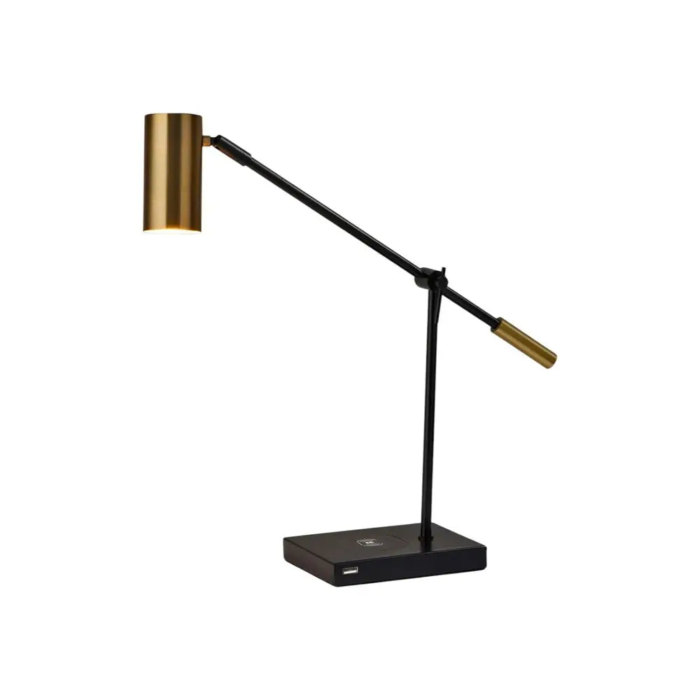 22" Black Metal Swing Arm LED Desk Lamp With USB And Antiqued Gold Cylinder Shade HomeRoots