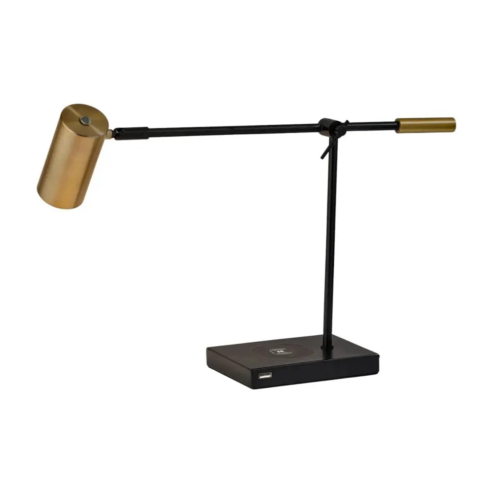 22" Black Metal Swing Arm LED Desk Lamp With USB And Antiqued Gold Cylinder Shade HomeRoots
