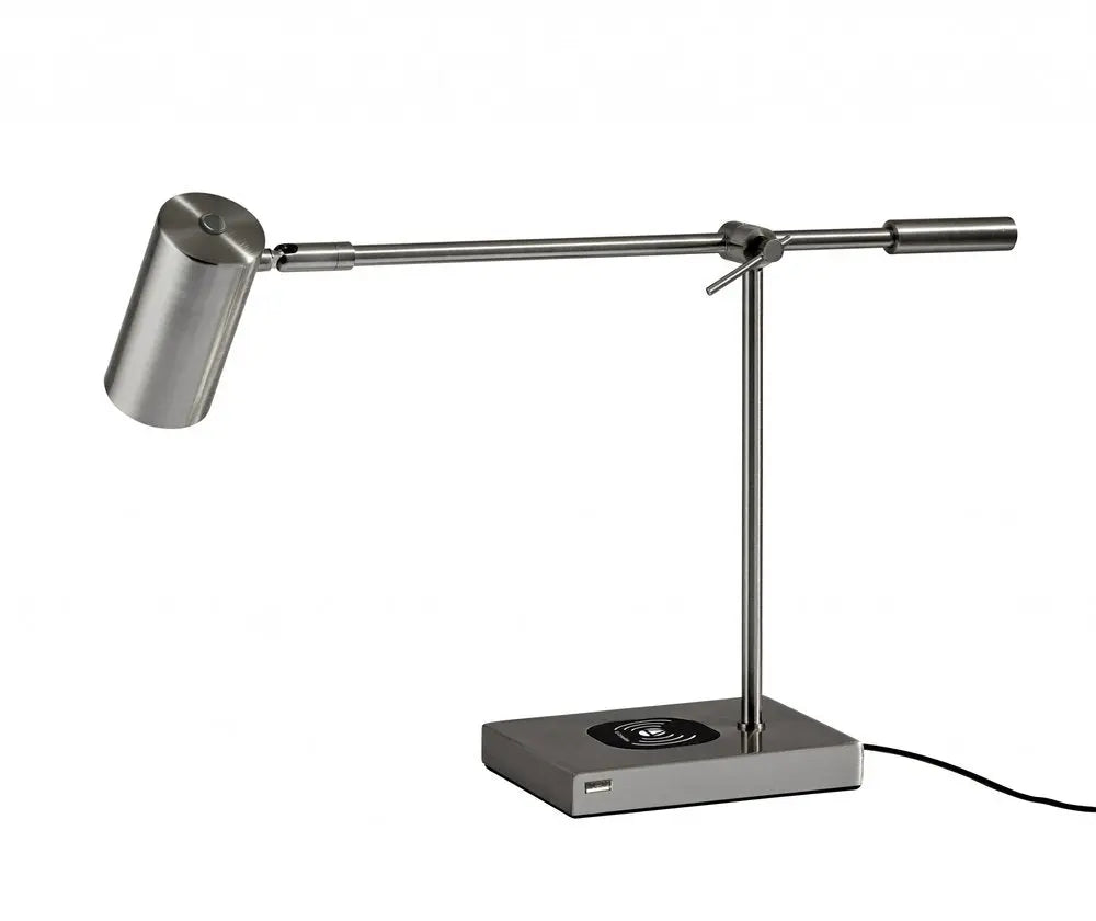 22" Black Metal Swing Arm LED Desk Lamp With USB And Antiqued Gold Cylinder Shade HomeRoots