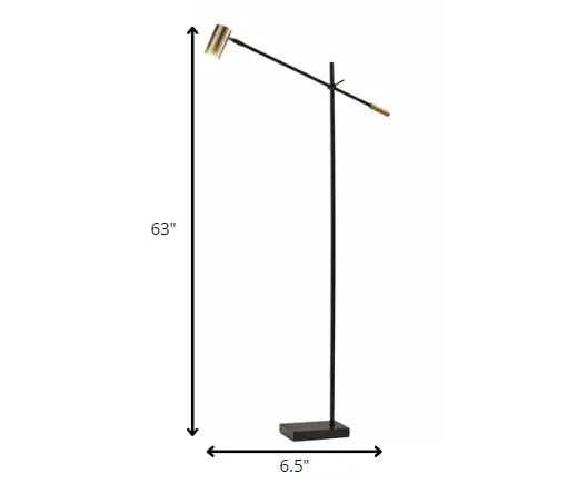 63" Black And Gold Adjustable LED Task Floor Lamp With Antiqued Brass Metal Cylinder Shade HomeRoots