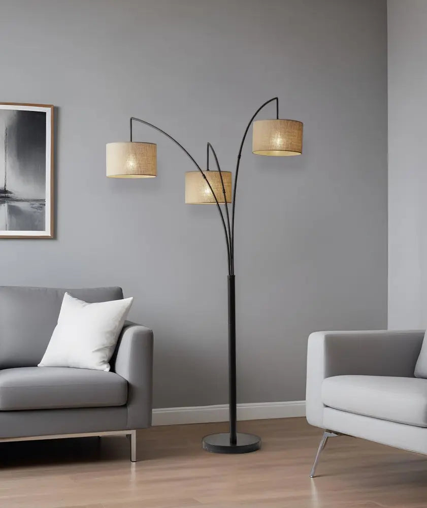 74" Silver Three Light Tree Floor Lamp With White Linen Drum Shade HomeRoots