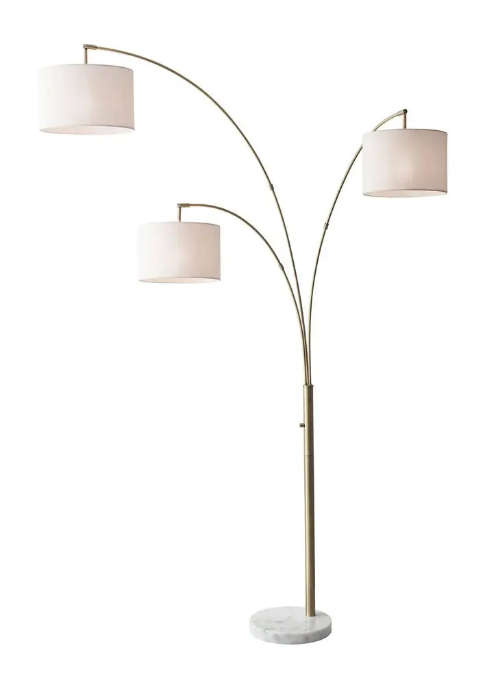 74" Brass Three Light Arc Floor Lamp With Off White Fabric Drum Shade HomeRoots