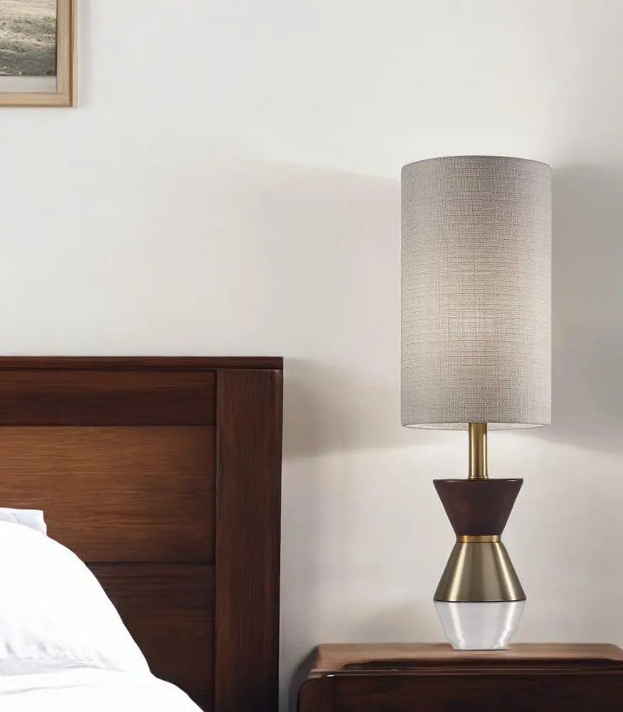 23" Brass Metal And Wood Table Lamp With Beige Drum Shade HomeRoots