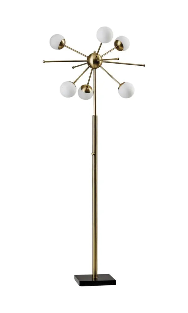 64" Brass Six Light LED Novelty Floor Lamp With White Glass Globe Shades HomeRoots