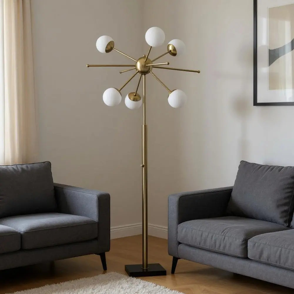 64" Brass Six Light LED Novelty Floor Lamp With White Glass Globe Shades HomeRoots