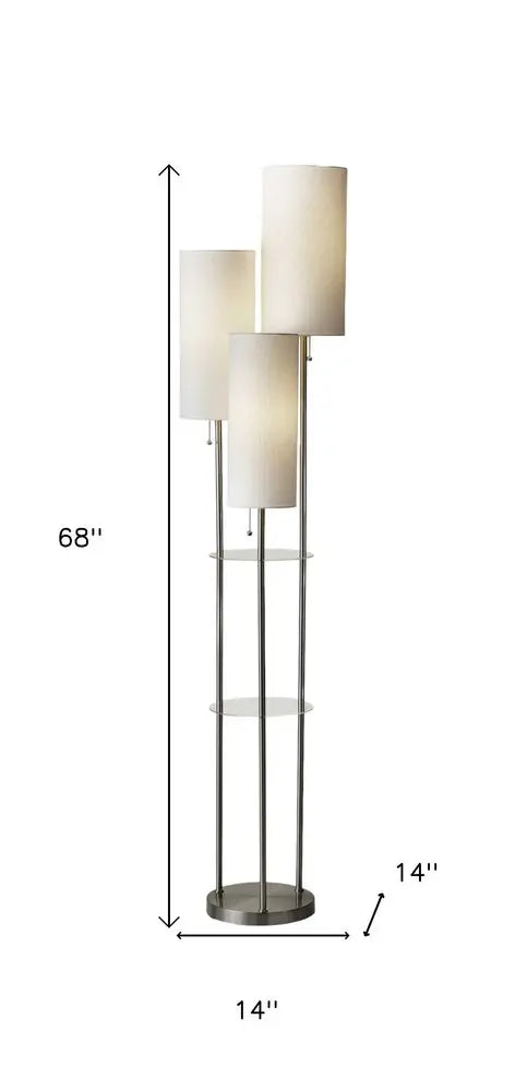68" Silver Three Light Novelty Floor Lamp With White Linen Cylinder Shade HomeRoots