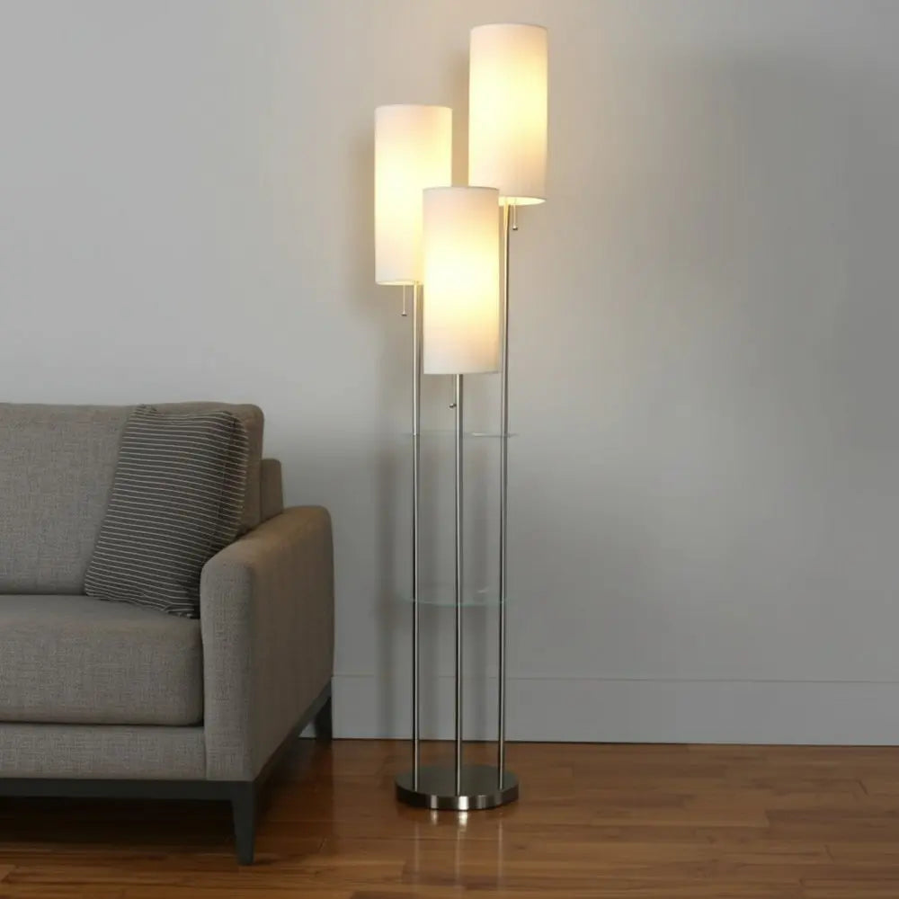 68" Silver Three Light Novelty Floor Lamp With White Linen Cylinder Shade HomeRoots
