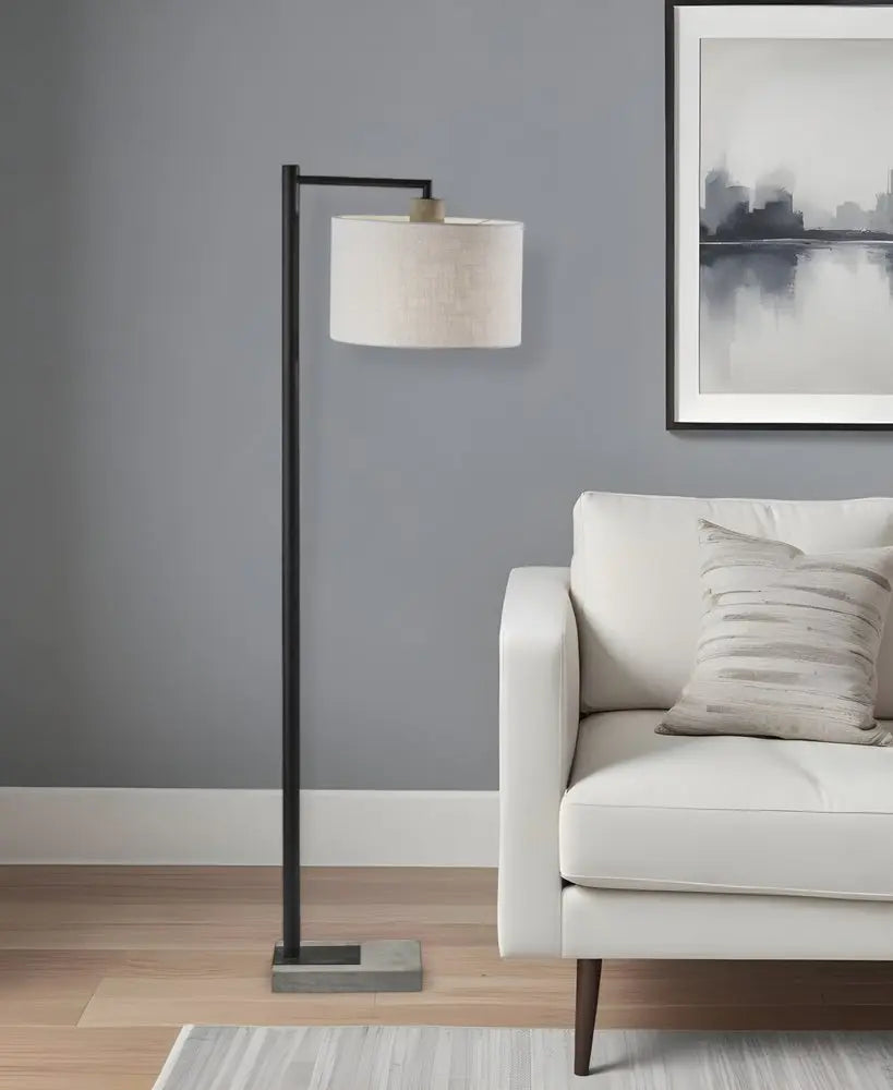 61" Grey And Black Arc Floor Lamp With White Fabric Drum Shade HomeRoots