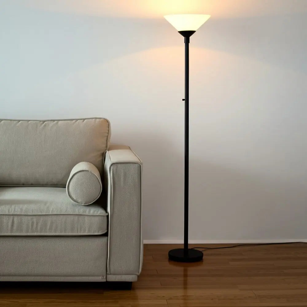 73" Black And White Torchiere Floor Lamp With White Acrylic Cone Shade HomeRoots