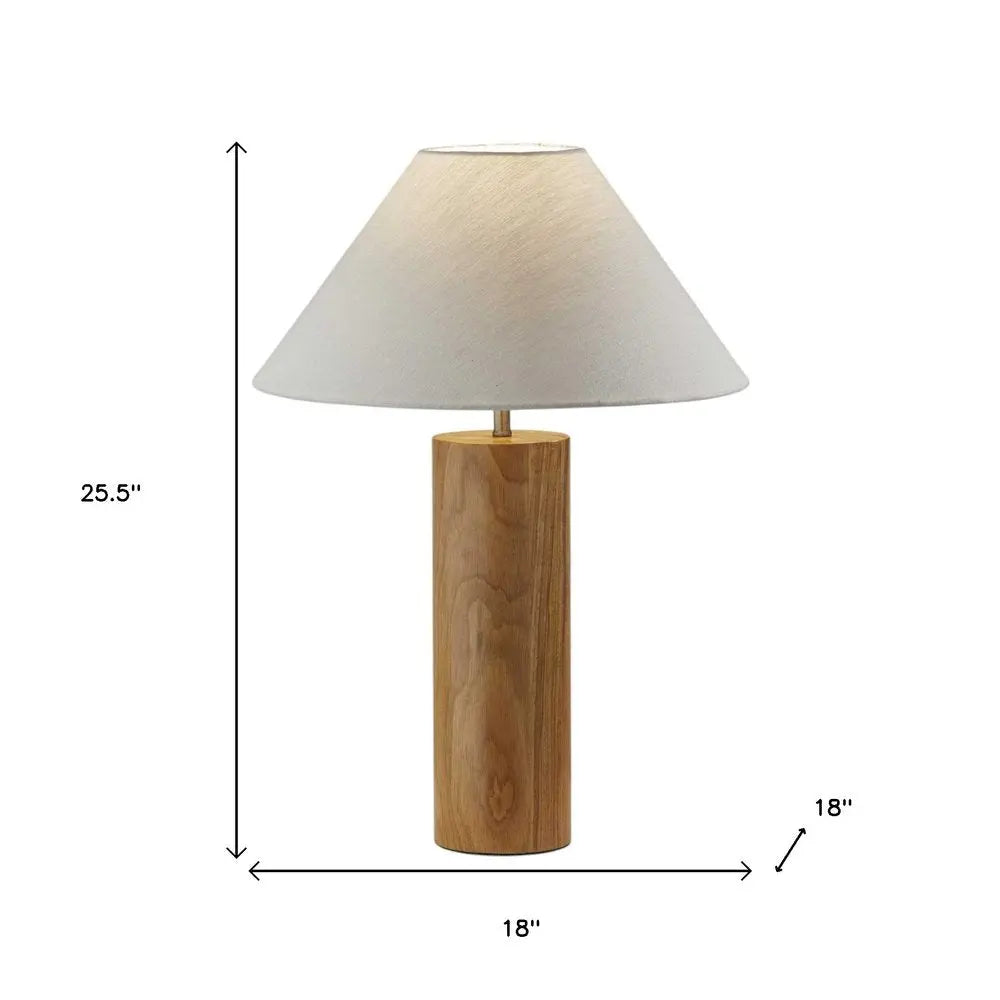 26" Natural Solid Wood Cylinder Table Lamp With White Cone Shade HomeRoots
