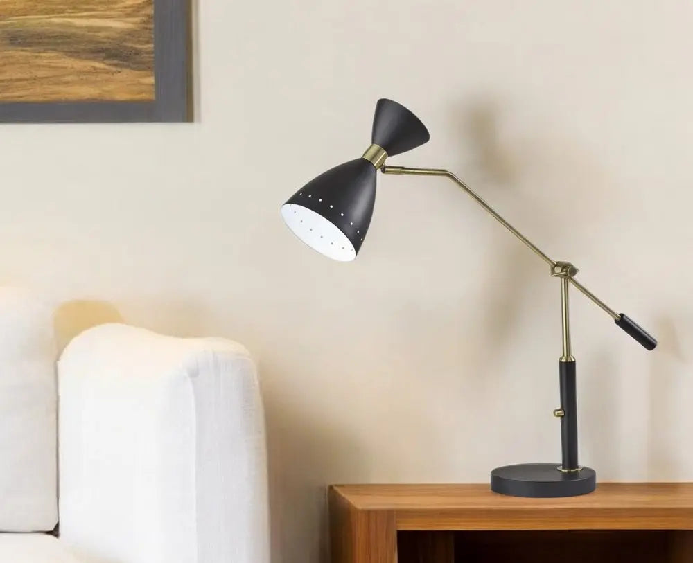 32" Black And Gold Metal Desk Lamp With Cinched Cone Shade HomeRoots