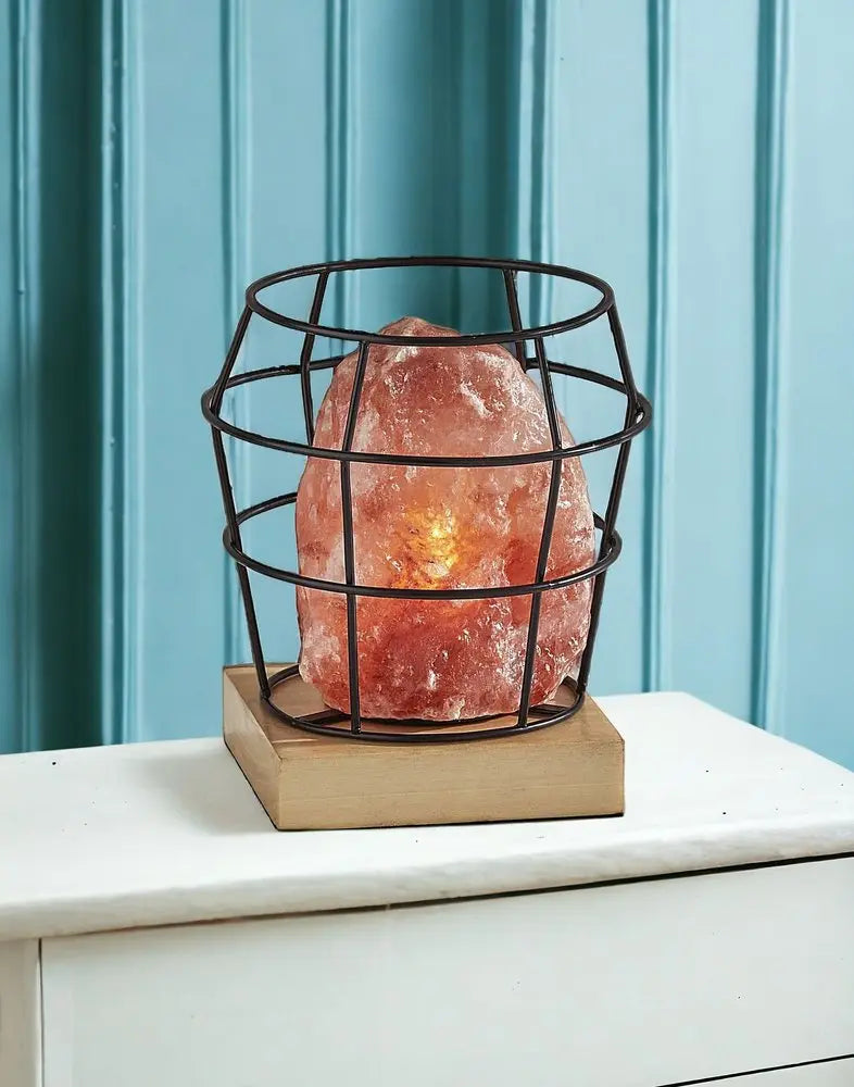 8" Himalayan Salt Accent Lamp With Black Cage Shade HomeRoots