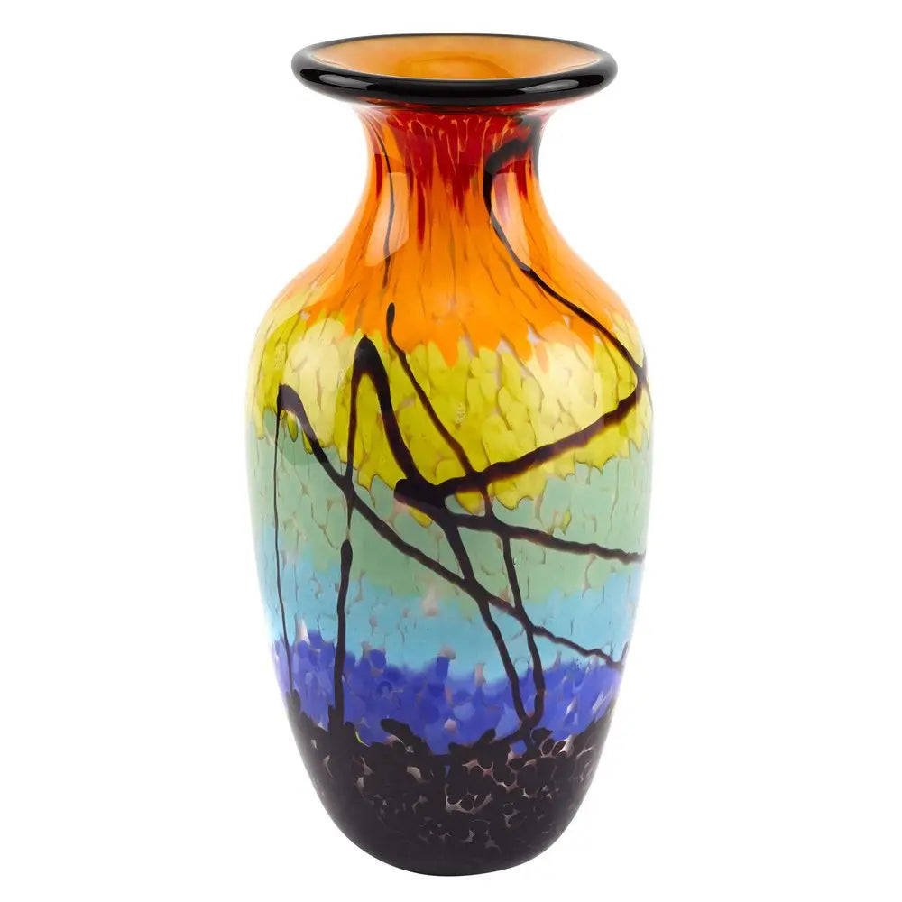 11" Black Blue Red And Yellow Abstract Urn Handblown Glass Table Vase HomeRoots