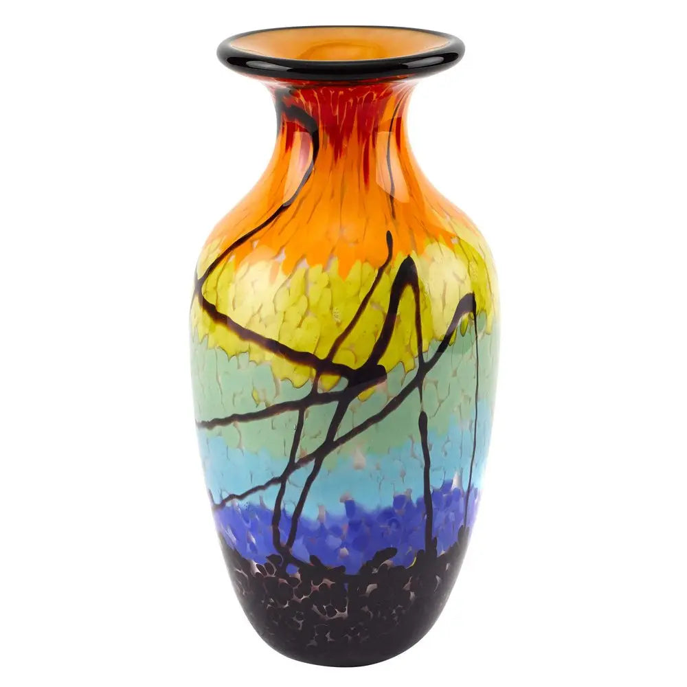 11" Black Blue Red And Yellow Abstract Urn Handblown Glass Table Vase HomeRoots