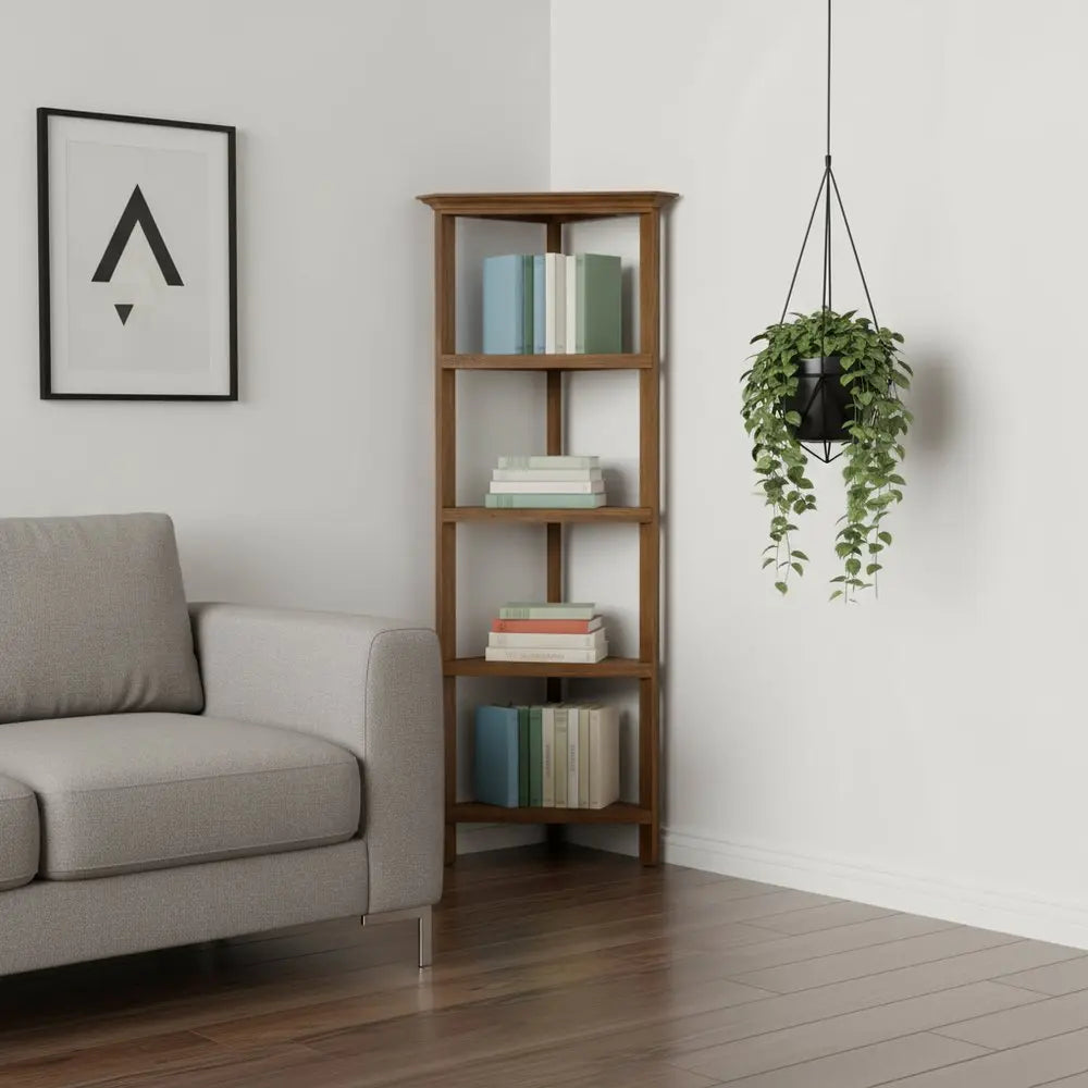 60" Walnut Solid Wood Four Tier Corner Bookcase HomeRoots