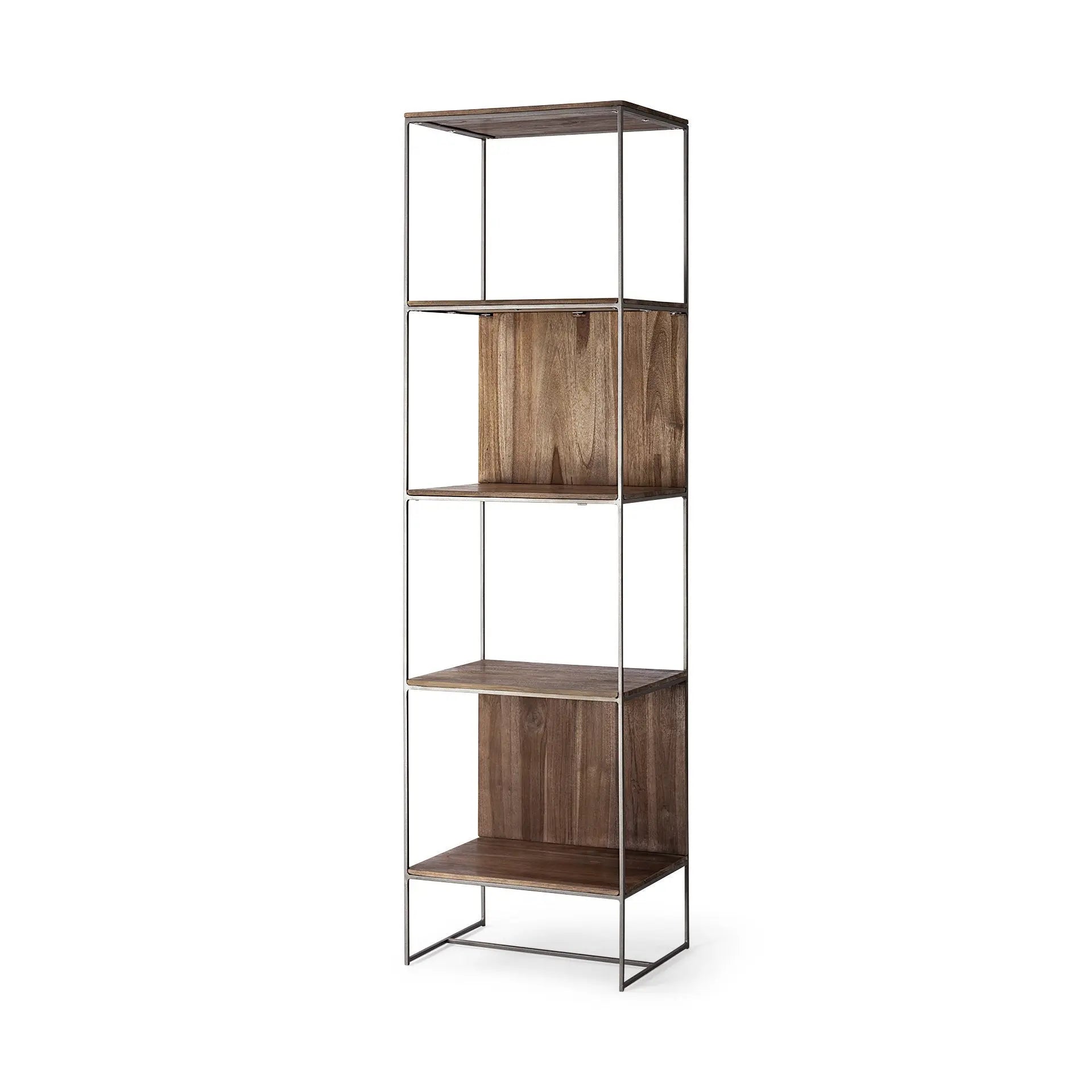 71" Brown And Silver Metal and Wood Four Tier Bookcase HomeRoots