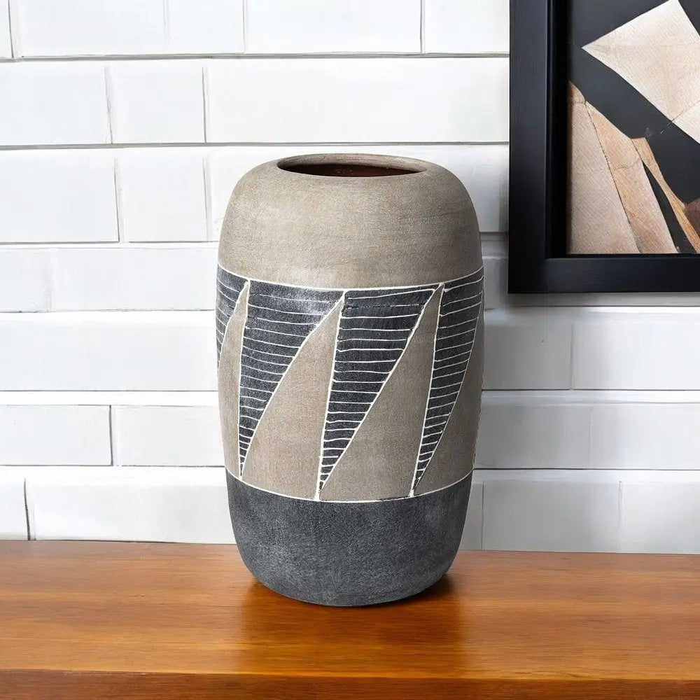 15" Brown And Gray Geometric Cylinder Ceramic Table Vase HomeRoots