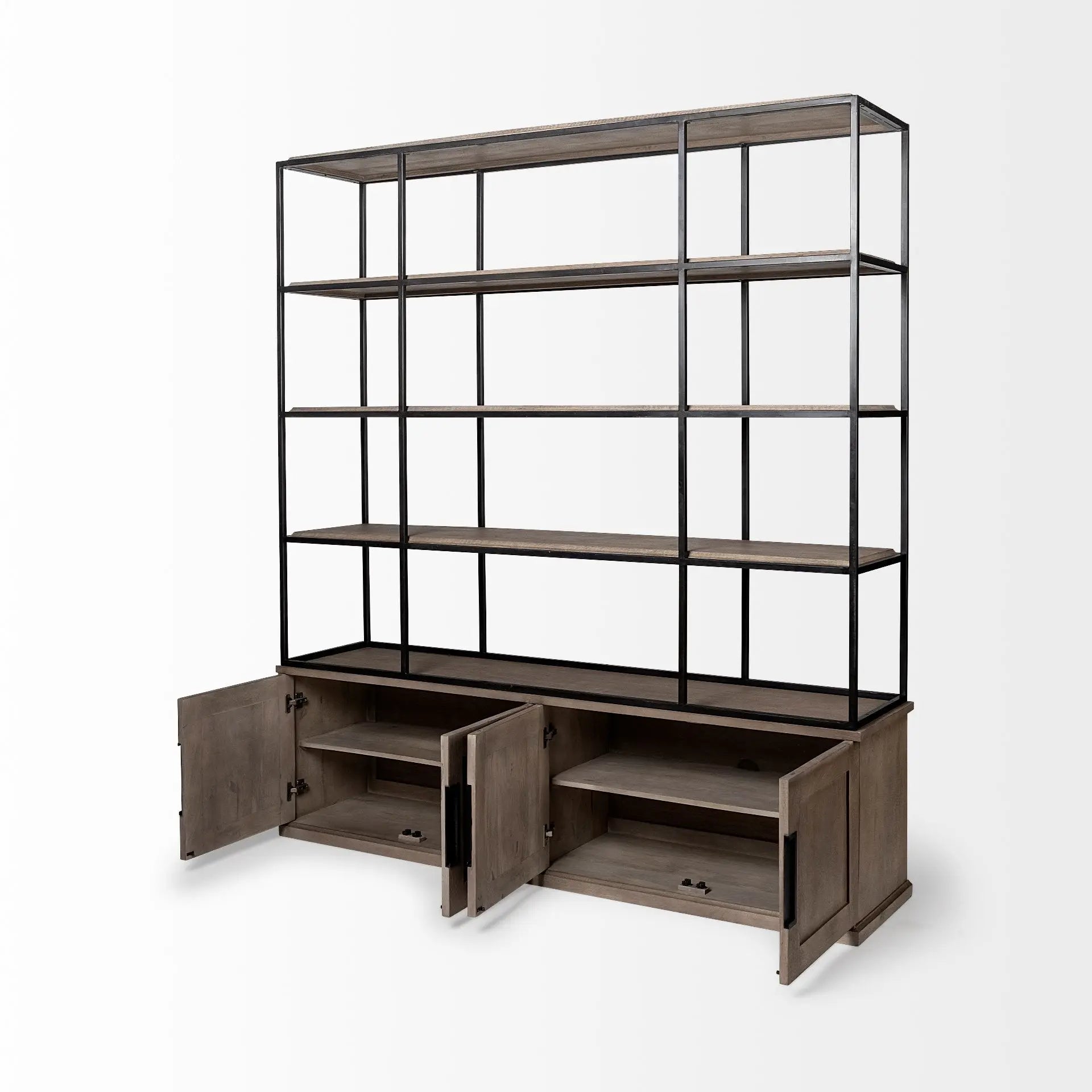 90" Brown Iron and Wood Three Tier Bookcase HomeRoots