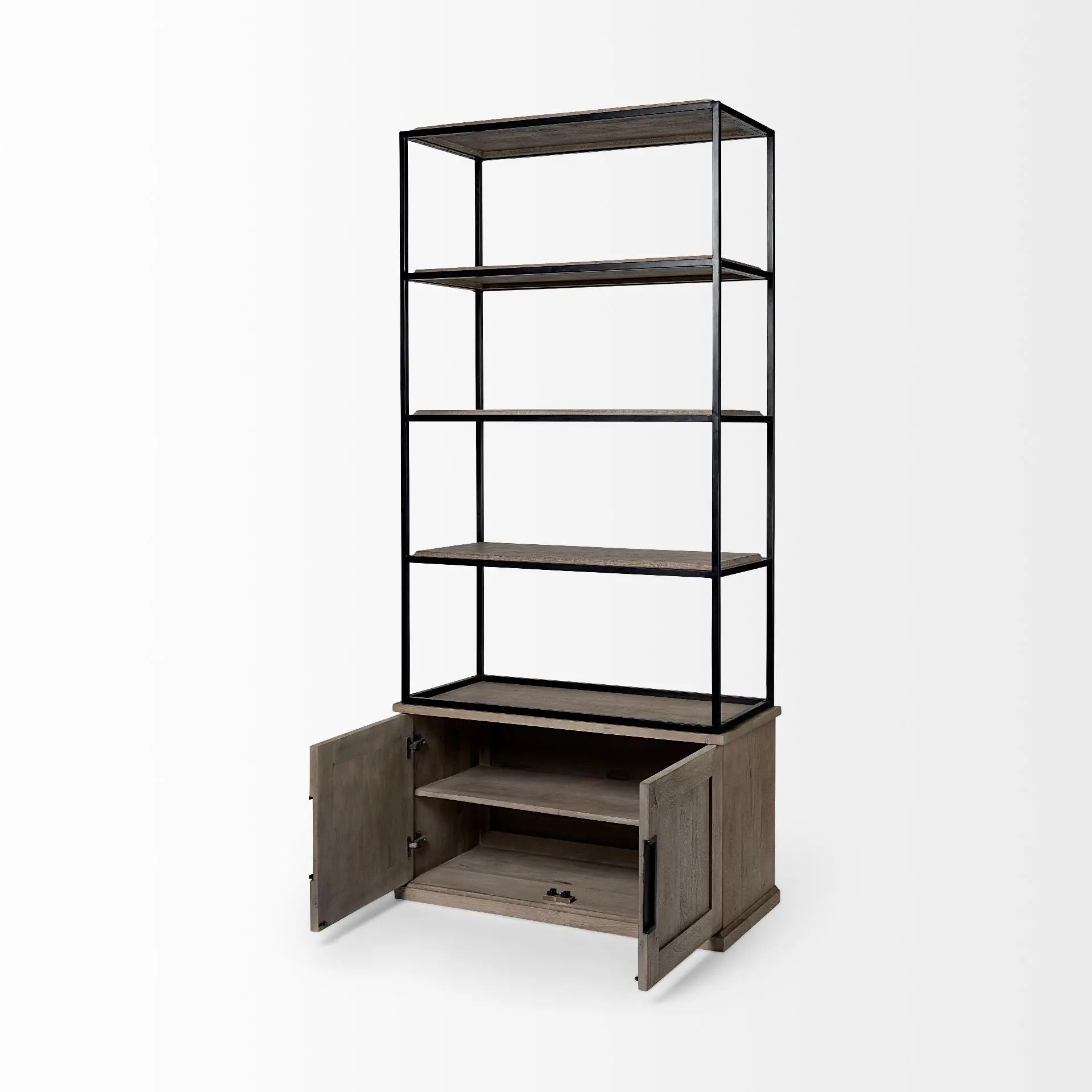 90" Brown Iron and Wood Three Tier Bookcase HomeRoots