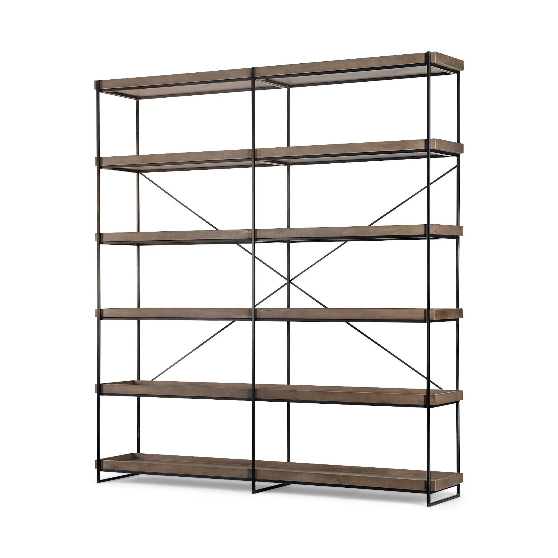 88" Black And Brown Iron and Wood Five Tier Bookcase HomeRoots