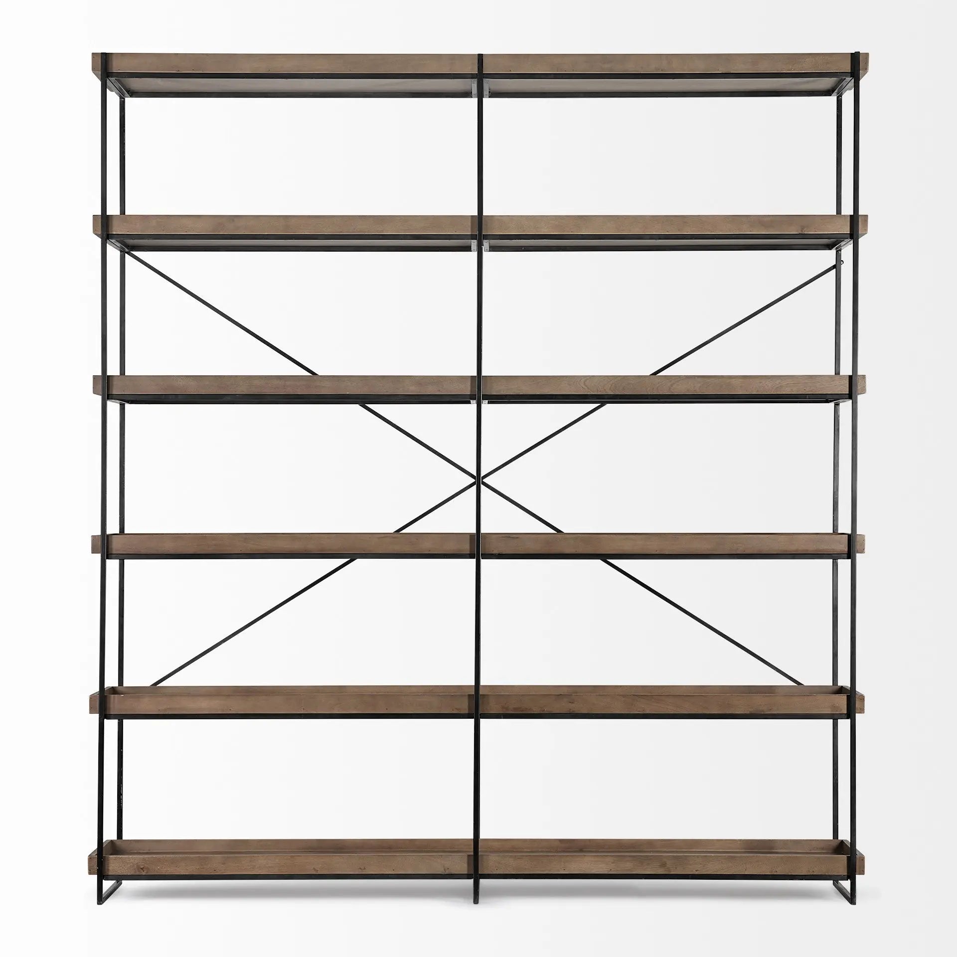 88" Black And Brown Iron and Wood Five Tier Bookcase HomeRoots