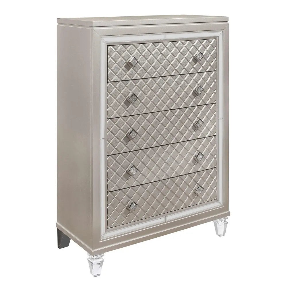 Champagne Toned Chest With Tapered Acrylic Legs And 5 Drawers HomeRoots