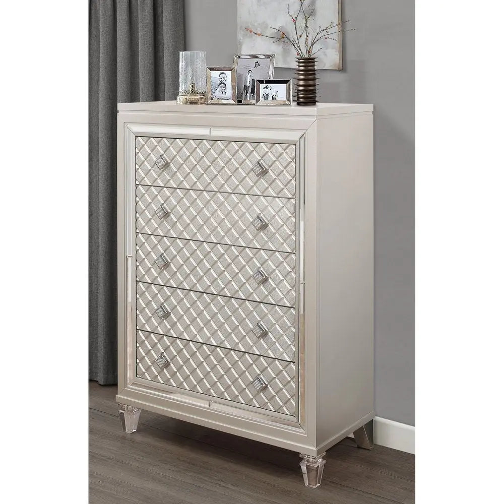 Champagne Toned Chest With Tapered Acrylic Legs And 5 Drawers HomeRoots