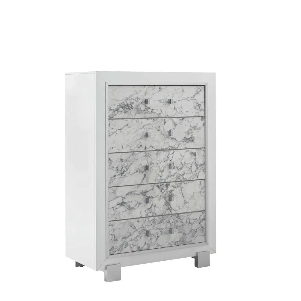 Modern White Chest With 5 Faux Marble Detailed Front Drawer. HomeRoots