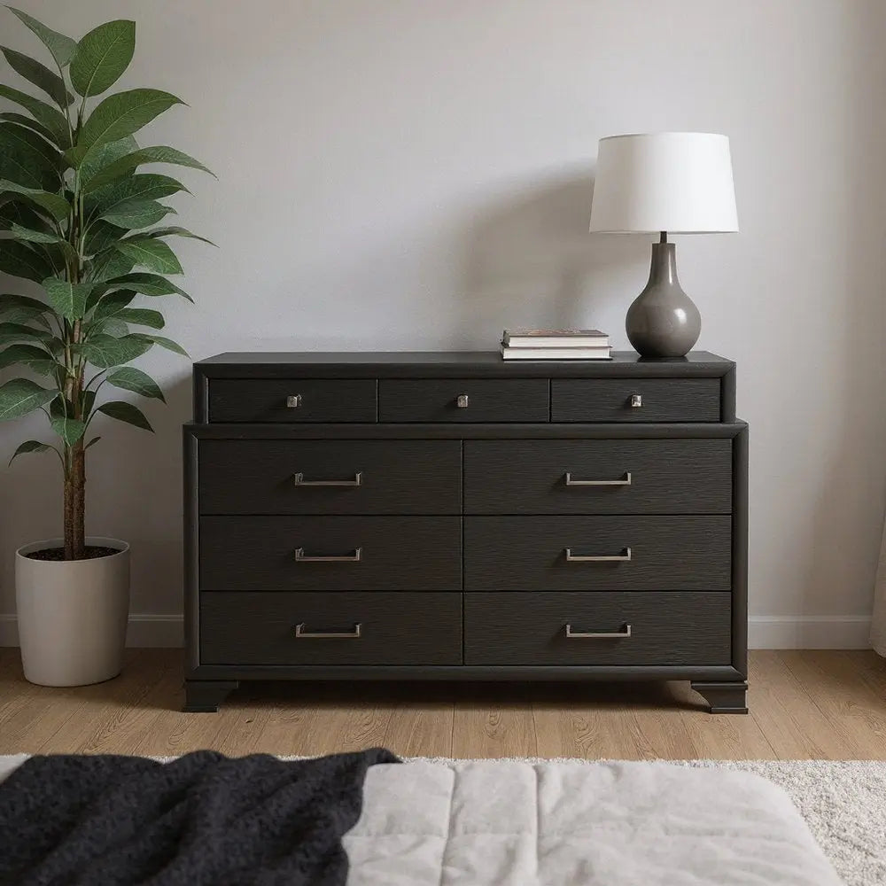 59" Gray Solid Wood Nine Drawer Double Dresser HomeRoots