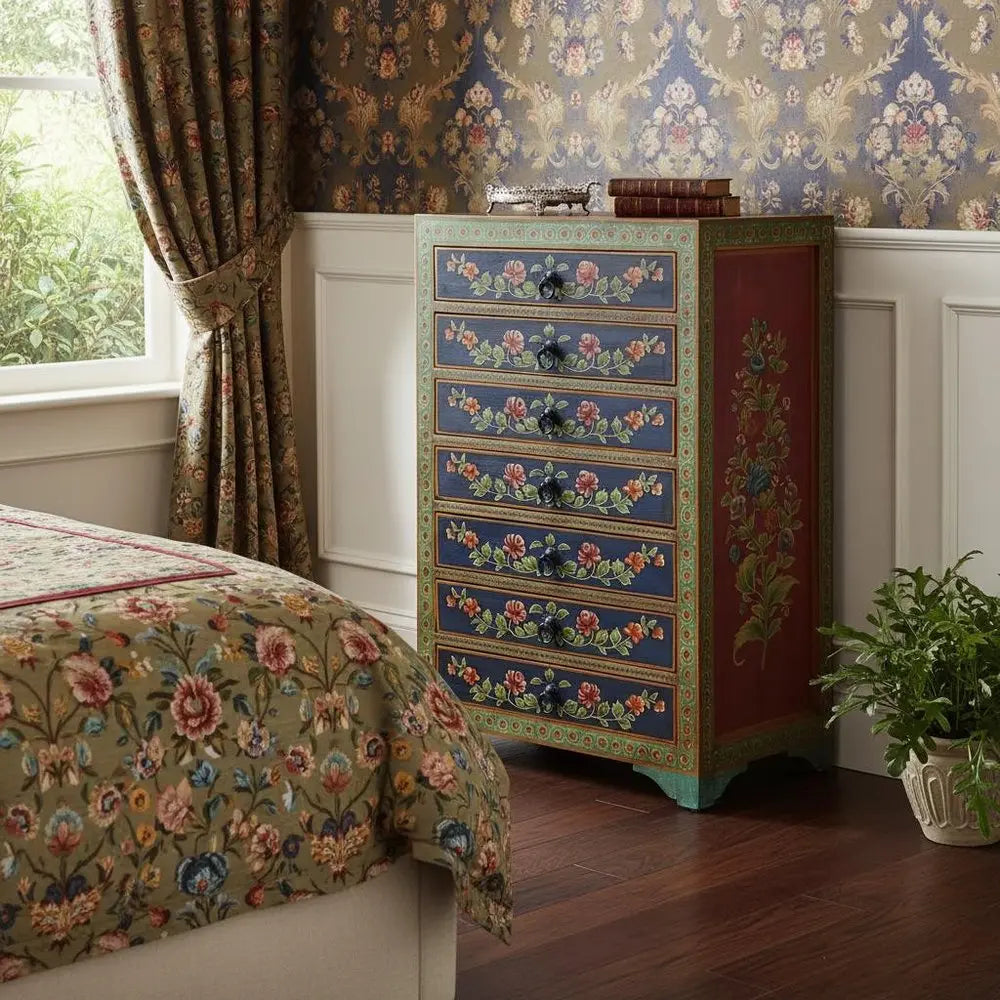 21" Blue and Green Solid Wood Seven Drawer Standard Chest HomeRoots