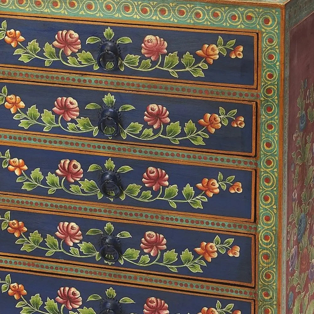 21" Blue and Green Solid Wood Seven Drawer Standard Chest HomeRoots