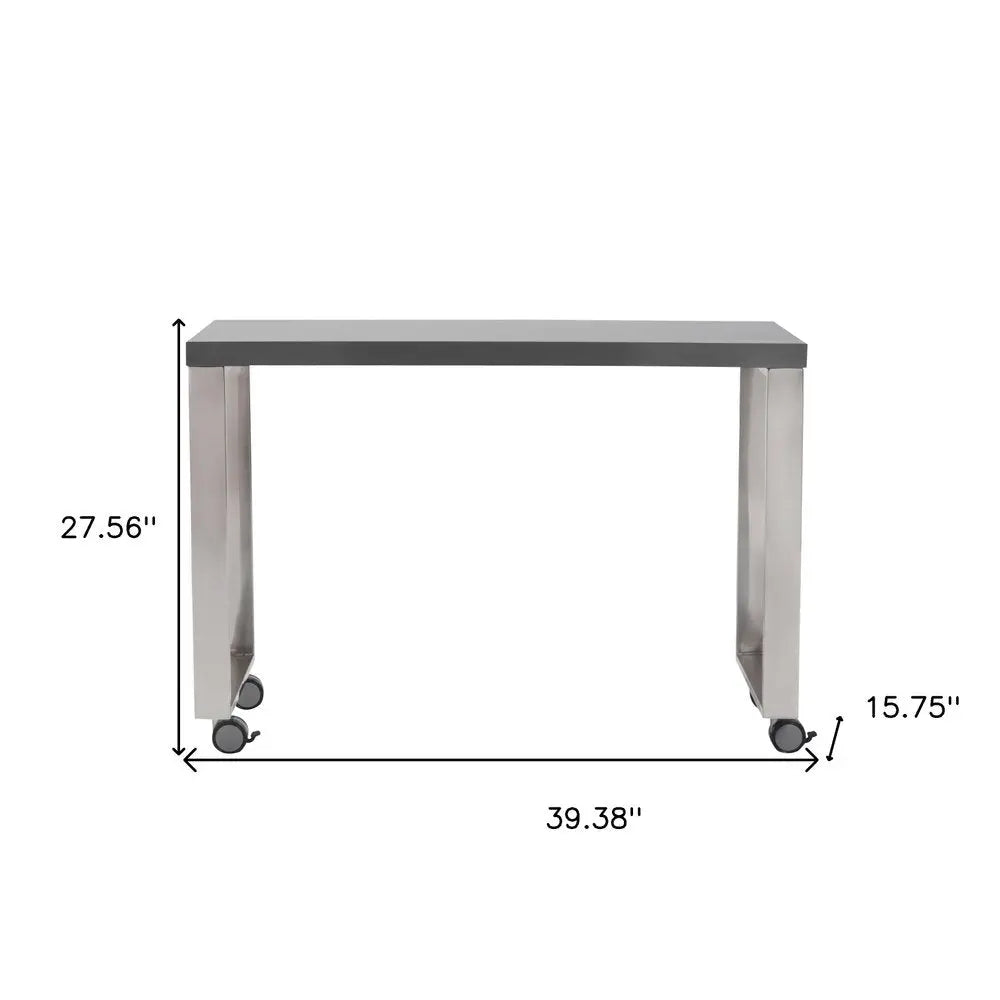 39" Gray and Silver Wood and Stainless Steel Rolling Sled Writing Desk - NOBLE HOME INTERIORS