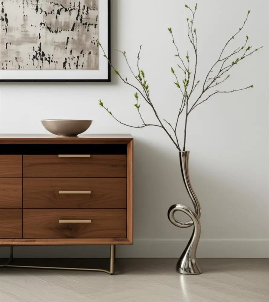 39" Silver Trumpet Aluminum Floor Vase - NOBLE HOME INTERIORS