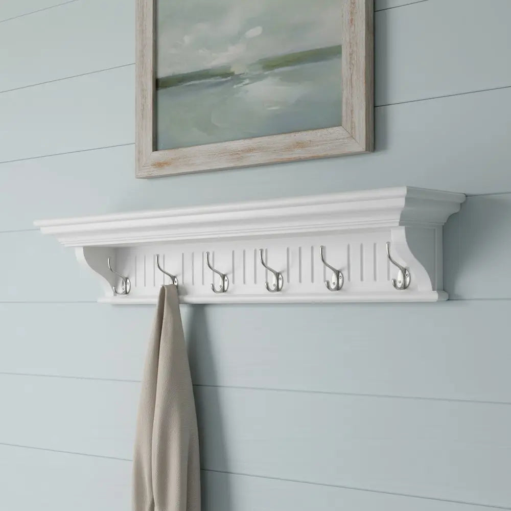 39" White Solid Wood Six Hook Wall Mount Coat Rack - NOBLE HOME INTERIORS