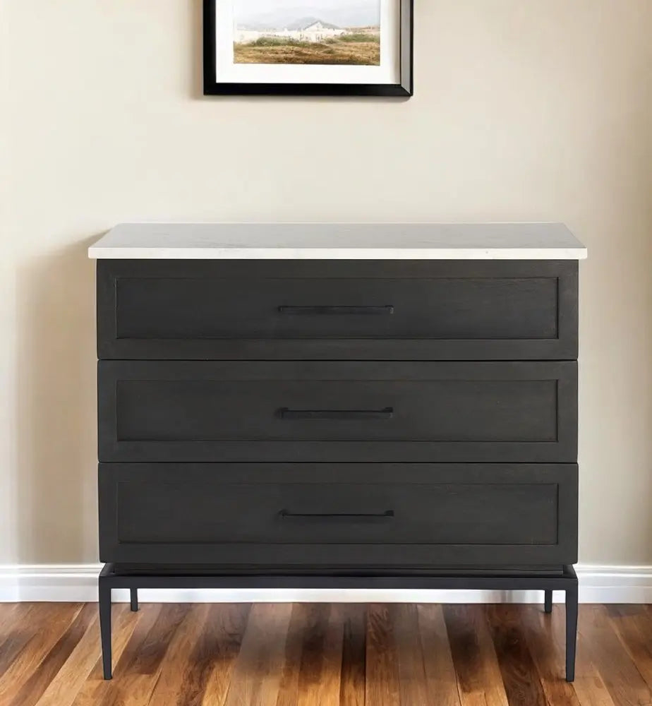 36" Black And White Solid Wood And Marble Three Drawer Dresser HomeRoots