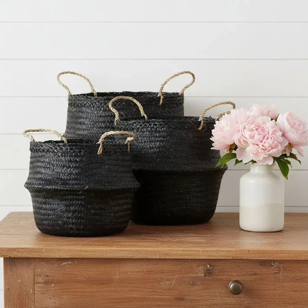 Set of Three Black Wicker Basket HomeRoots