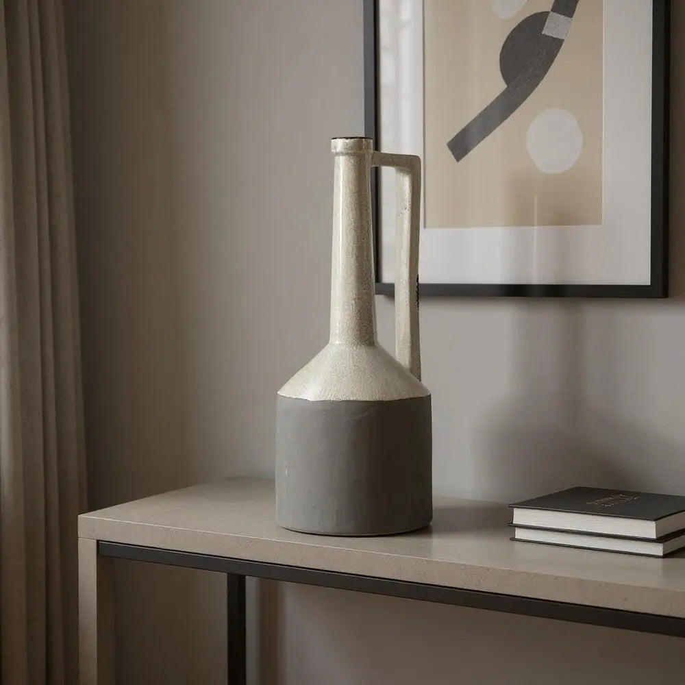 16" Gray and Off White Ceramic Tall Jug Vase HomeRoots