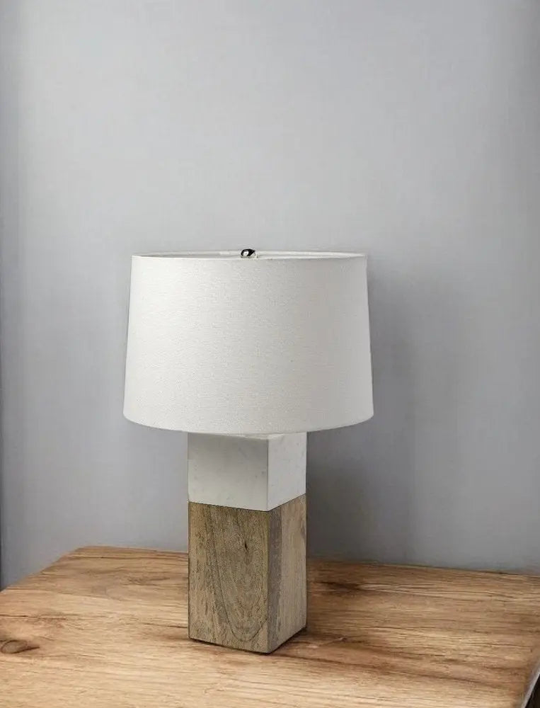 White Marble And Natural Wood Block Table Or Desk Lamp HomeRoots