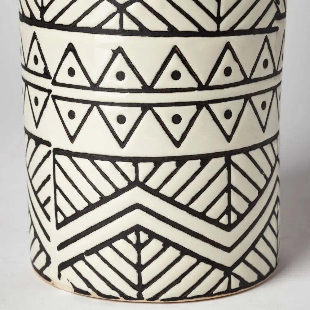 17" Cream and Charcoal Geometric Cylinder Ceramic Vase HomeRoots