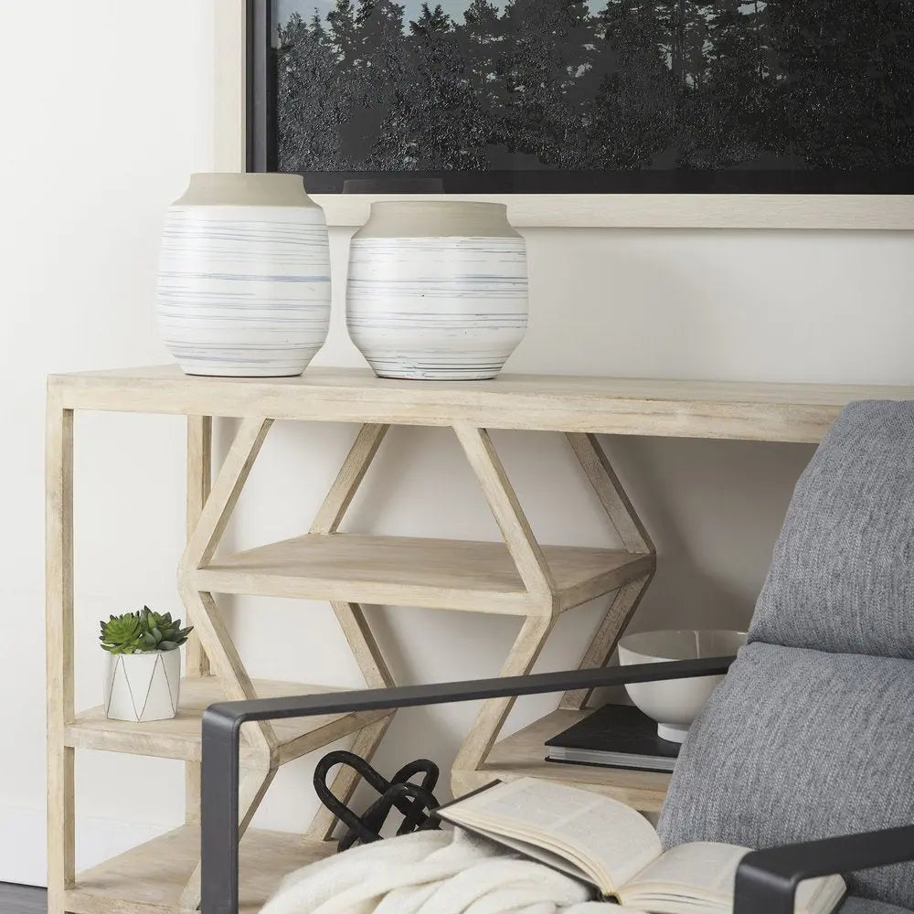 9" White Blue and Sand Abstract Cylinder Ceramic Table Vase HomeRoots