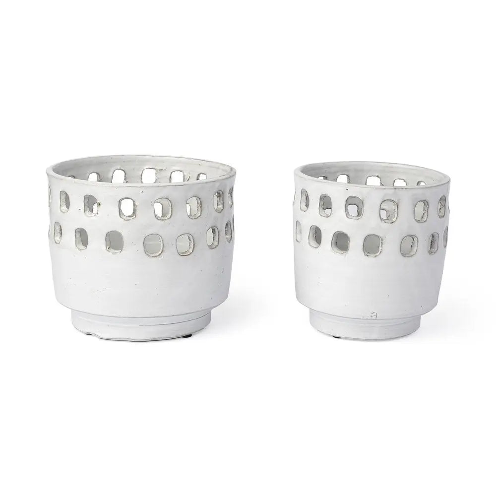 Set of Two White Abstract Cylinder Ceramic Table Vase HomeRoots