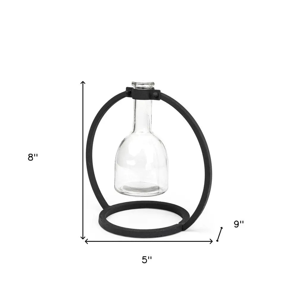 8" Clear and Black Glass and Metal Abstract Cylinder Table Vase HomeRoots